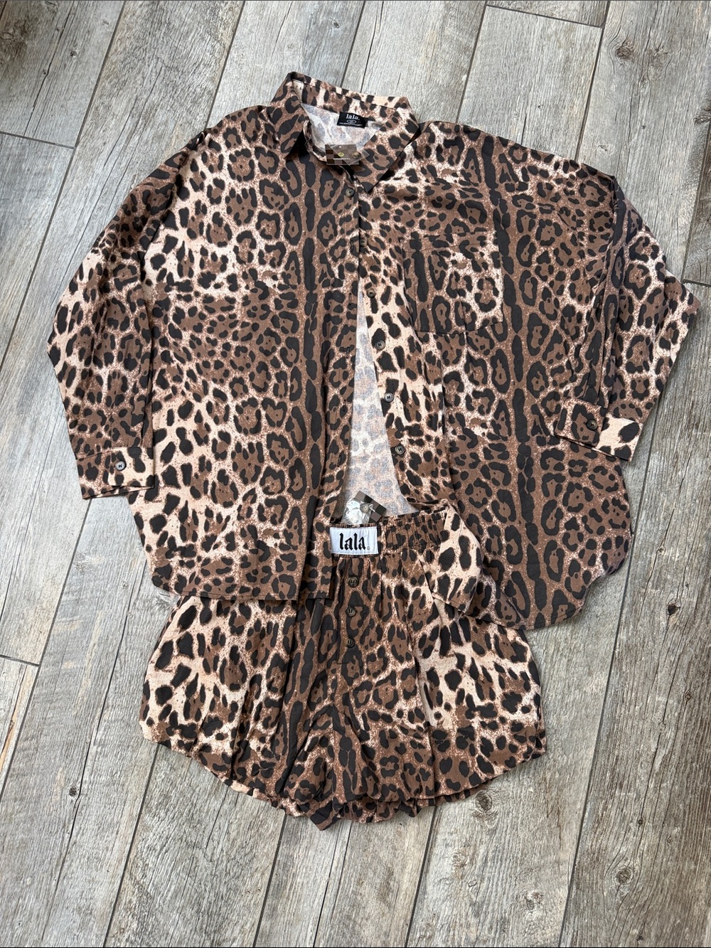 Dressed in LALA Brown Leopard Print Button-Down Shirt & Shorts Set